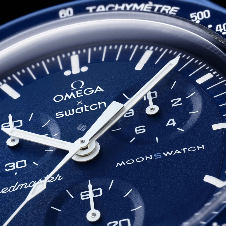 Swatch,MoonSwatch 42mm,42mm,Bioceramic,Blue,Quartz,Chronograph,Rattrapante,SO33N100
