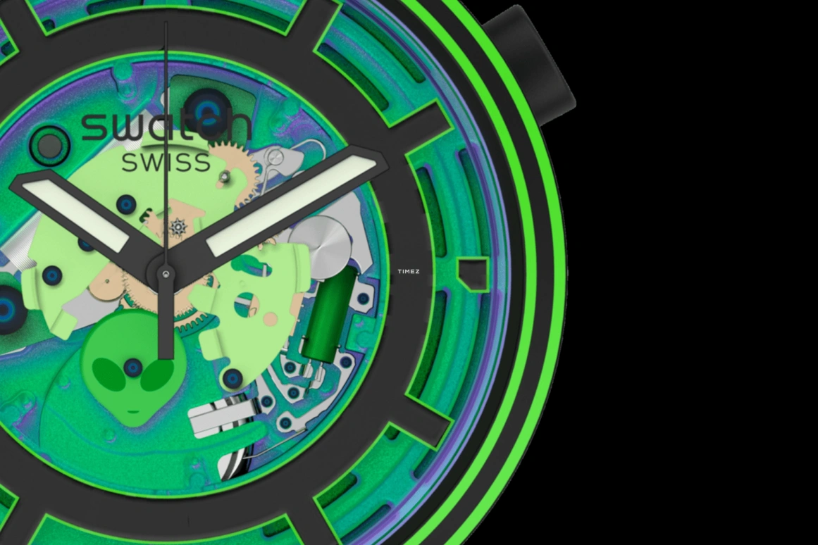 Swatch,Other 47mm,47mm,Plastic,Green,Skeleton,Quartz,Sapphire,Crystal Glass,Round,SB01B125