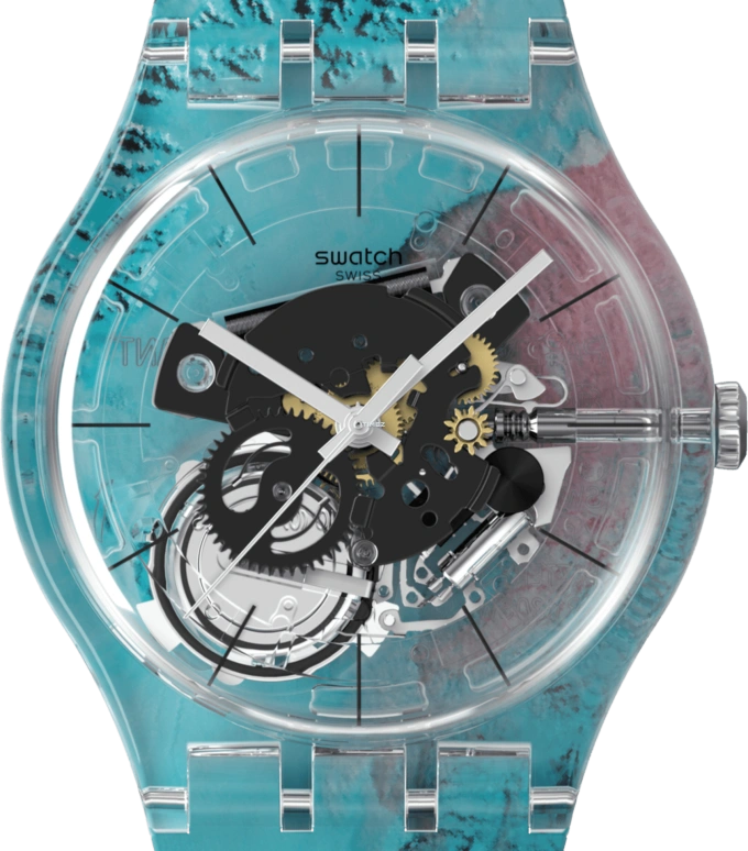 Swatch,Originals 41mm,41mm,Plastic,Blue,Transparent,Pink,Quartz,Round,Transparent,SUOK144,SUOK144-067