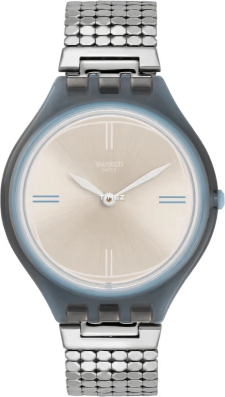 Swatch,SKIN 36.70mm,36.70mm,Plastic,Silver,Quartz,Sapphire,Crystal Glass,Tonneau,SVOM101G