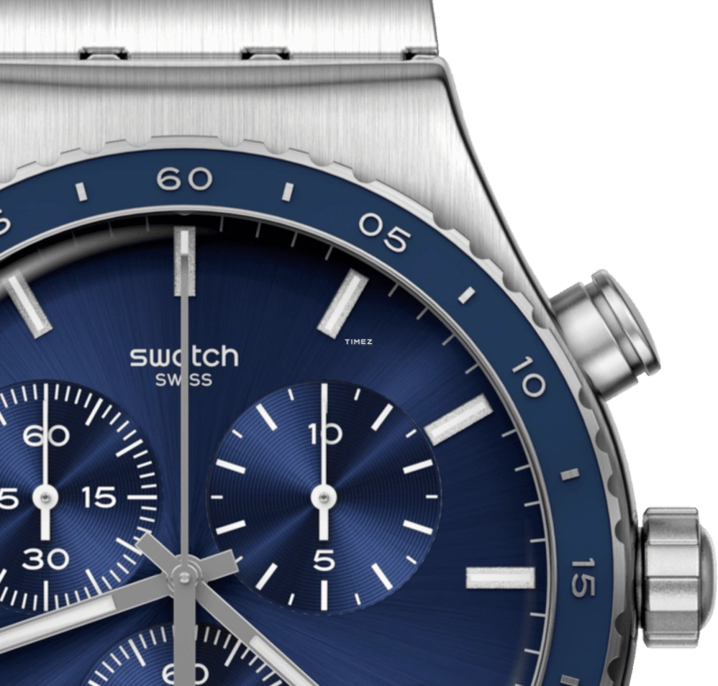 Swatch,Other 43mm,43mm,Stainless Steel,Blue,Quartz,Chronograph,Day,YVS496G