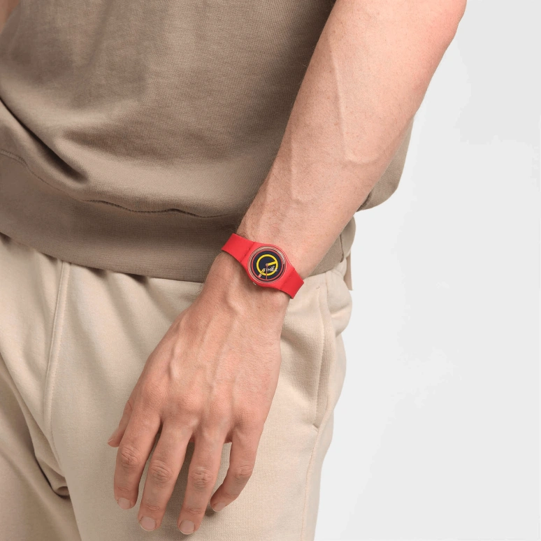 Swatch,Originals 34mm,34mm,Bio-sourced,Black,Red,Yellow,Quartz,Date,Day,SO28R702