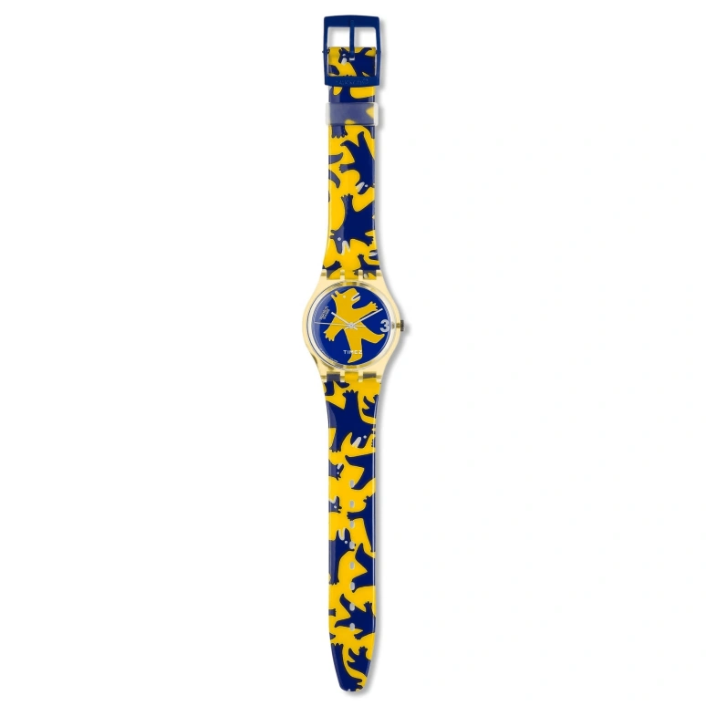 Swatch,Other 34mm,34mm,Plastic,Blue,Yellow,Quartz,Sapphire,Crystal Glass,Tonneau,GJ112