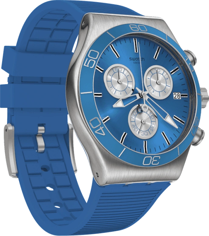 Swatch,IRONY 43mm,43mm,Stainless Steel,Black,Silver,Blue,Minutes,YVS485