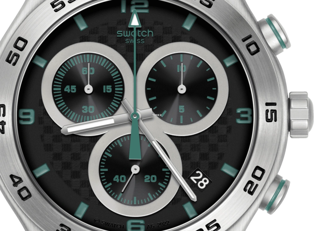 Swatch,Other 43mm,43mm,Stainless Steel,Black,Quartz,Chronograph,Day,YVS525