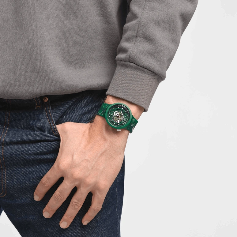 Swatch,Other 47mm,47mm,Bio-sourced,Green,Skeleton,Quartz,Sapphire,Crystal Glass,Round,SB05G104