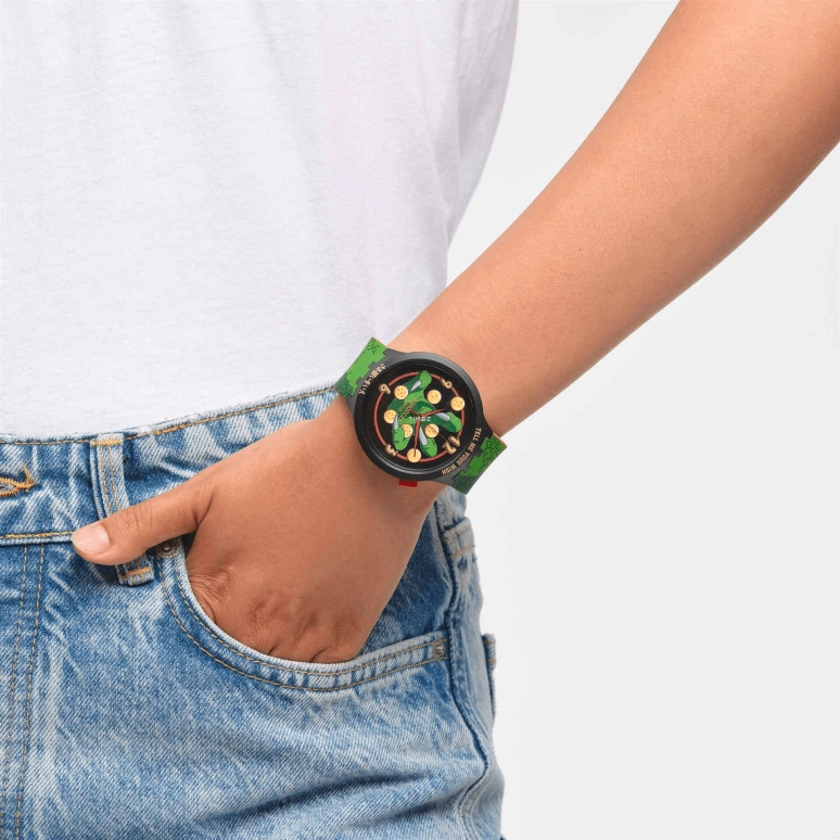 Swatch,Other 47mm,47mm,Plastic,Green,Black,Multi-Color,Quartz,Sapphire,Crystal Glass,Round,SB01Z102