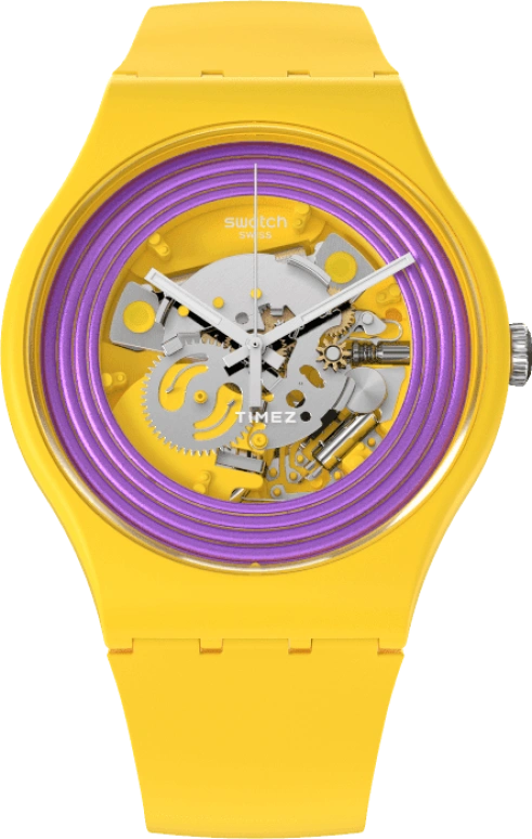 Swatch,Originals 41mm,41mm,Bio-sourced,Yellow,Purple,Skeleton,Quartz,Sapphire,Crystal Glass,Round,SO29J100