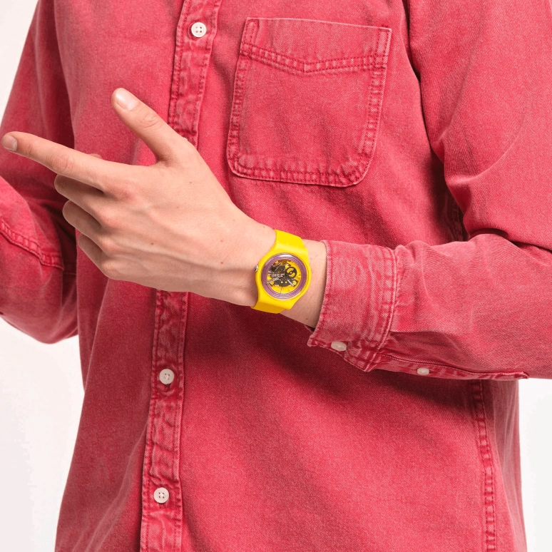 Swatch,Originals 41mm,41mm,Bio-sourced,Yellow,Purple,Skeleton,Quartz,Sapphire,Crystal Glass,Round,SO29J100