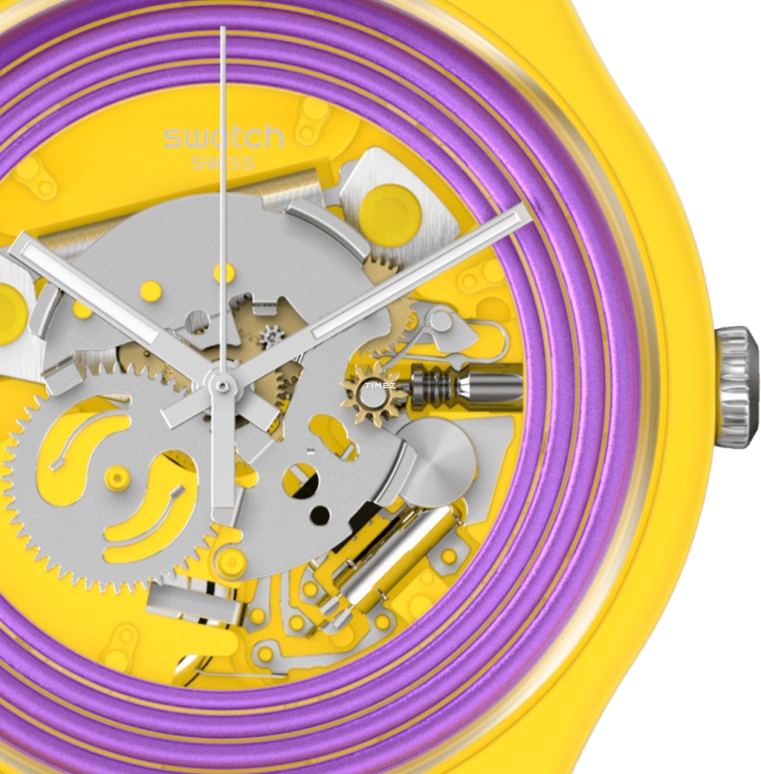 Swatch,Originals 41mm,41mm,Bio-sourced,Yellow,Purple,Skeleton,Quartz,Sapphire,Crystal Glass,Round,SO29J100