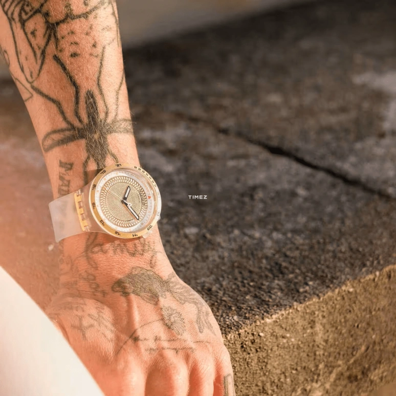 Swatch,THE BOLD 47mm,47mm,Bio-sourced,White,Gold,Quartz,Round,Transparent,SB05K105