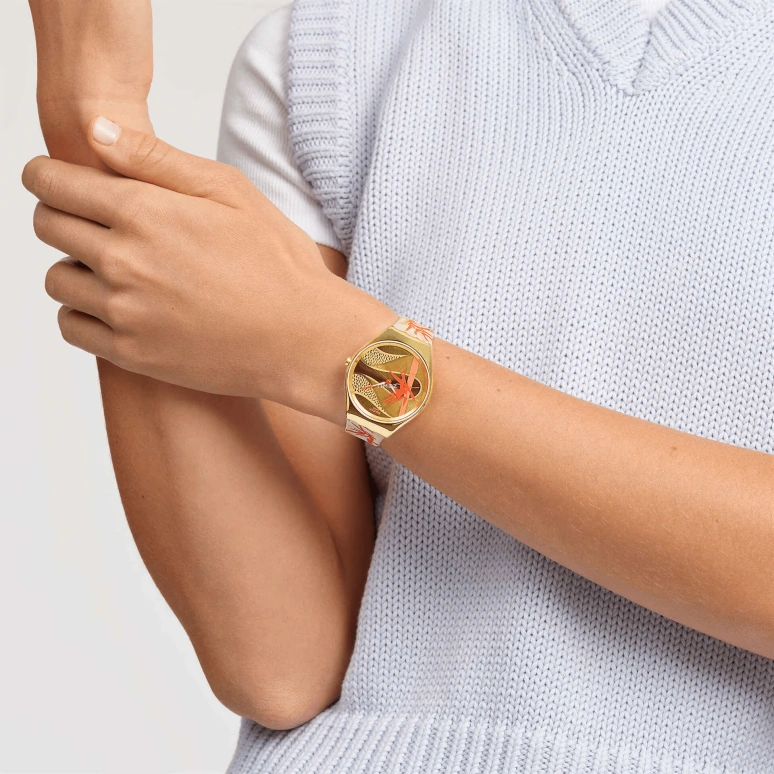 Swatch,SKIN 38mm,38mm,Stainless Steel,Champagne,Red,Quartz,Glass,Tonneau,SYXZ105
