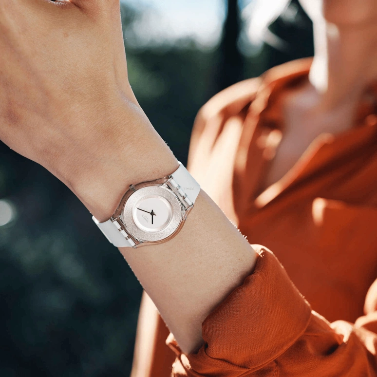Swatch,Other 34mm,34mm,Bio-sourced,White,Silver,Quartz,Sapphire,Crystal Glass,Round,SS08K108