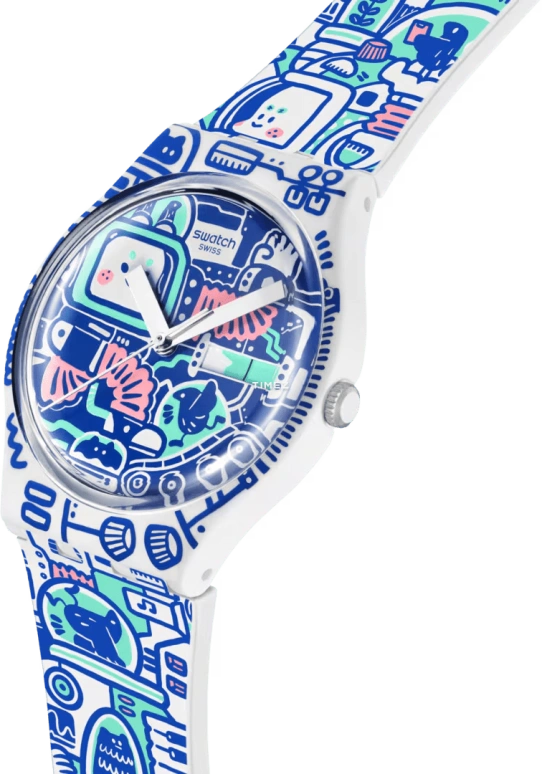 Swatch,Originals 34mm,34mm,Bio-sourced,Blue,White,Quartz,Glass,Round,SO28Z702