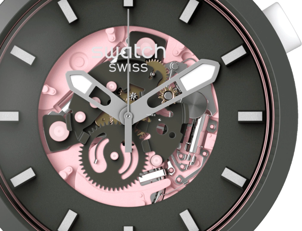 Swatch,Other 47mm,47mm,Bio-sourced,Pink,Grey,Skeleton,Quartz,Sapphire,Crystal Glass,Round,SB05P100