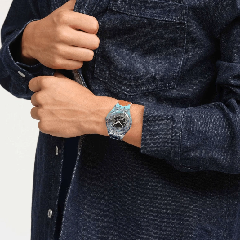Swatch,Originals 41mm,41mm,Plastic,Blue,Multi-Color,Transparent,Quartz,Round,Transparent,SUOK144,SUOK144-068