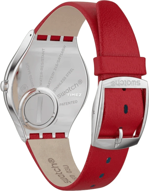 Swatch,SKIN 38mm,38mm,Stainless Steel,Red,Quartz,Tonneau,Silver,SYXS119