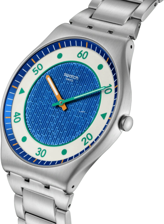 Swatch,Other 42mm,42mm,Stainless Steel,Blue,Quartz,Round,Gray,SS07S143G