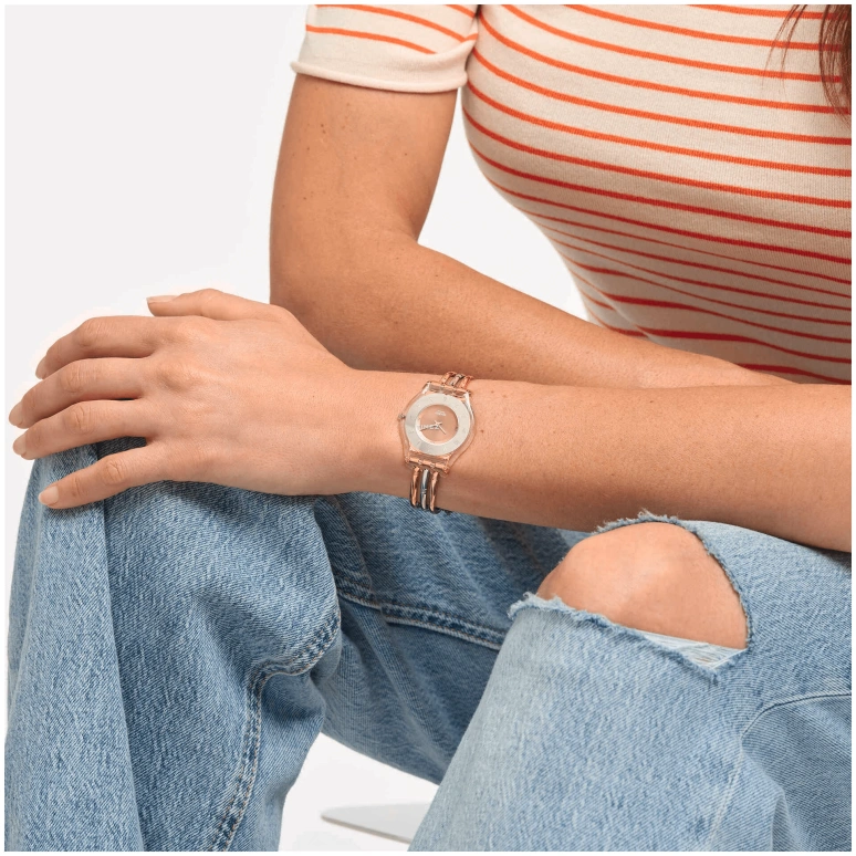 Swatch,SKIN 34mm,34mm,Bio-sourced,Silver,Pink,Quartz,Glass,Round,SS08K101B