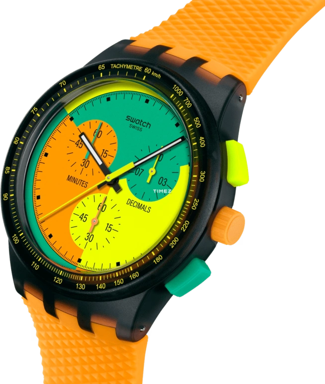 Swatch,NEON 42mm,42mm,Composite,Orange,Yellow,Green,Quartz,Chronograph,Round,SUSB108,SUSB108-6000