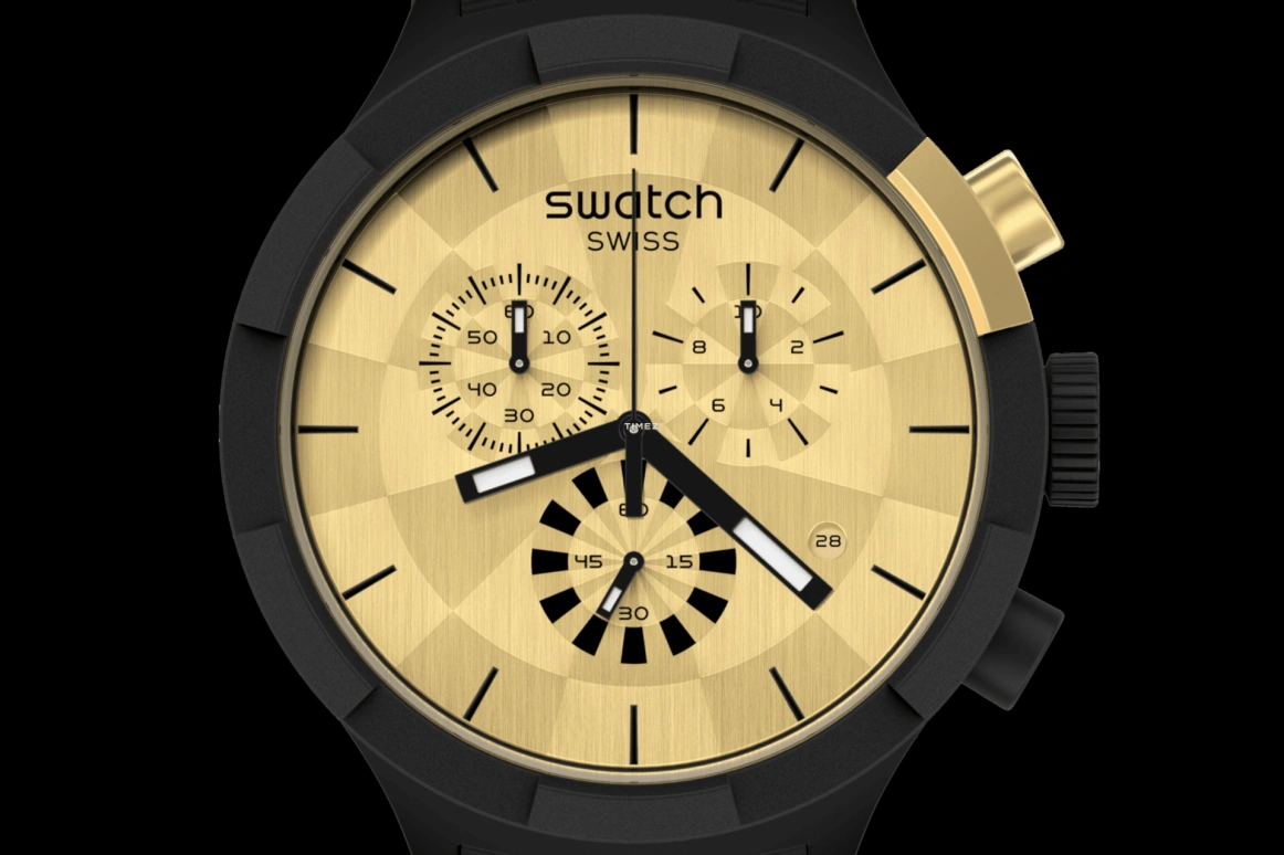 Swatch,Other 47mm,47mm,Plastic,Gold,Quartz,Chronograph,Day,SB02Z400,SB02Z400-STD