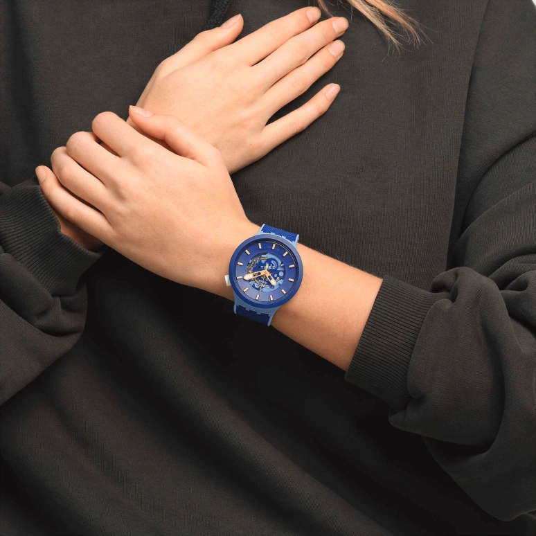 Swatch,Other 47mm,47mm,Bio-sourced,Blue,Skeleton,Quartz,Sapphire,Crystal Glass,Round,SB05N105