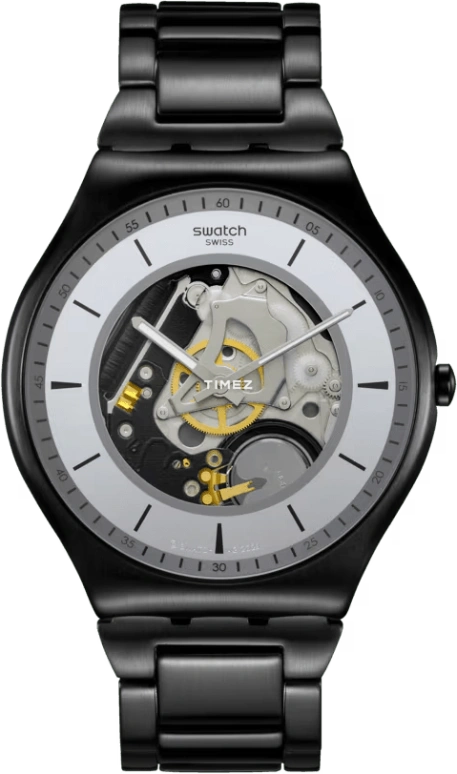 Swatch,Swatch Essentials 42mm,42mm,Stainless Steel,Grey,Skeleton,Quartz,Sapphire,Crystal Glass,Round,SS07B113G