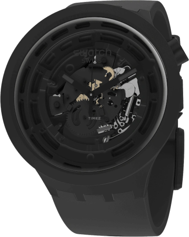 Swatch,Other 47mm,47mm,Bioceramic,Black,Skeleton,Quartz,Sapphire,Crystal Glass,Round,SB03B100