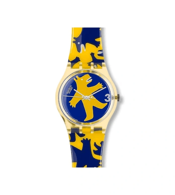 Swatch,Other 34mm,34mm,Plastic,Blue,Yellow,Quartz,Sapphire,Crystal Glass,Tonneau,GJ112