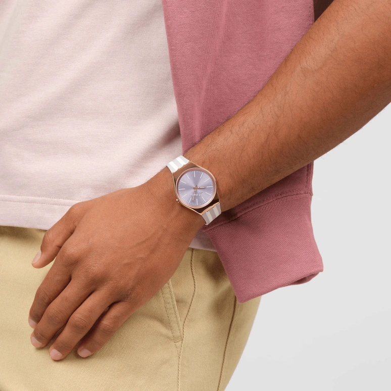 Swatch,SKIN 38mm,38mm,Stainless Steel,Purple,Quartz,Round,Rose Gold,SYXG130