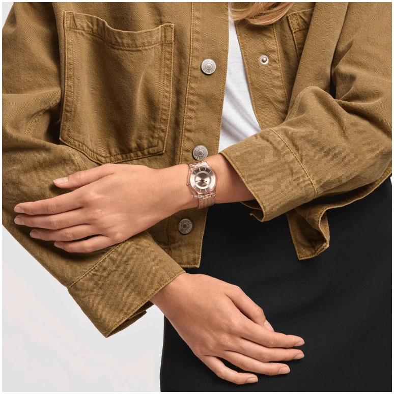 Swatch,Originals 34mm,34mm,Bio-sourced,Pink,Rose Gold,Automatic,Sapphire,Crystal Glass,Round,SS08K104M