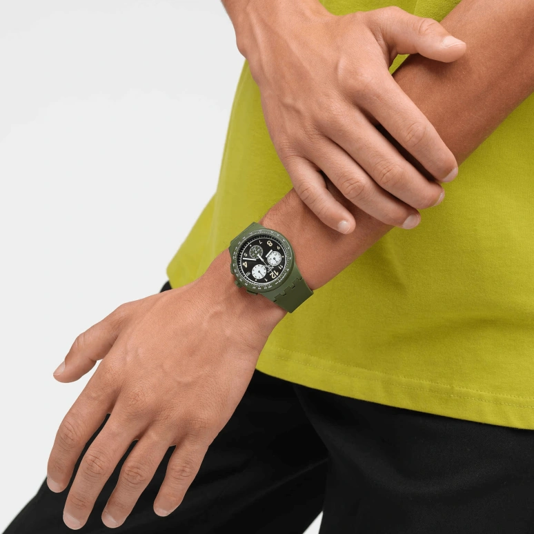 Swatch,Originals 42mm,42mm,Plastic,Green,Quartz,Chronograph,Day,SUSG406