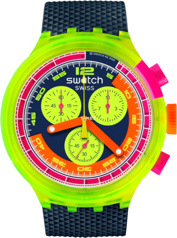 Swatch,NEON 47mm,47mm,Bio-sourced,Blue,Multi-Color,Quartz,Chronograph,Round,SB06J100