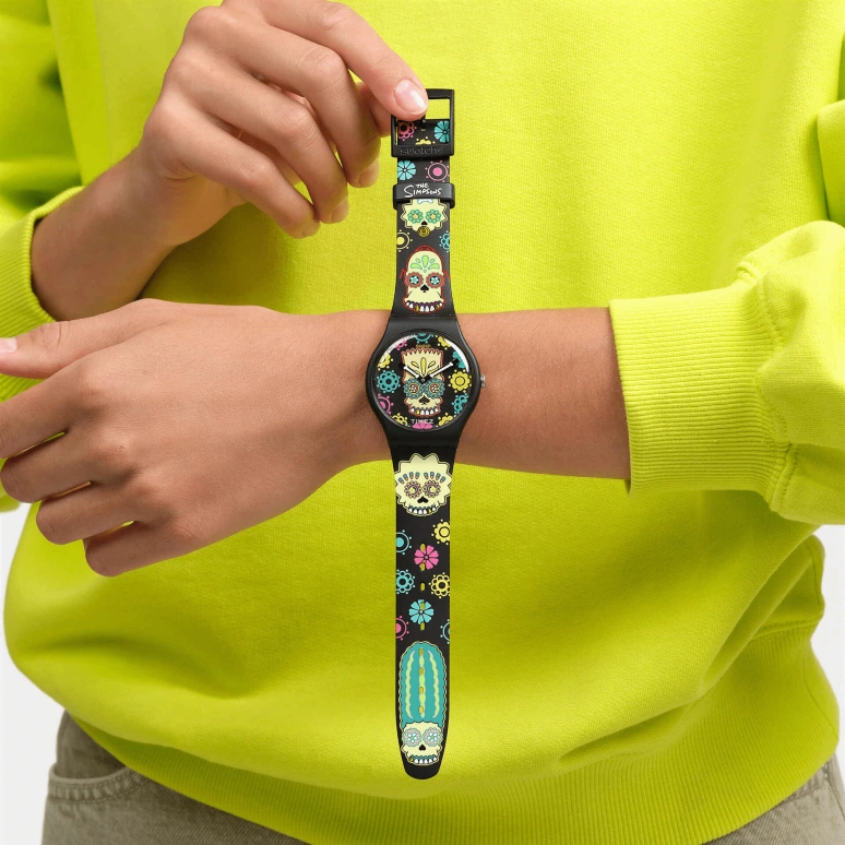 Swatch,THE SIMPSONS 41mm,41mm,Bio-sourced,Black,Multi-Color,Quartz,Round,Black,SO29Z135