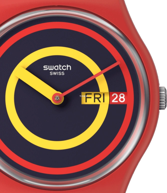 Swatch,Originals 34mm,34mm,Bio-sourced,Black,Red,Yellow,Quartz,Date,Day,SO28R702