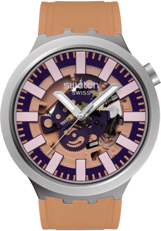 Swatch,THE BOLD 47mm,47mm,Stainless Steel,Purple,Cream,Transparent,Quartz,Round,Natural Steel,SB07S119