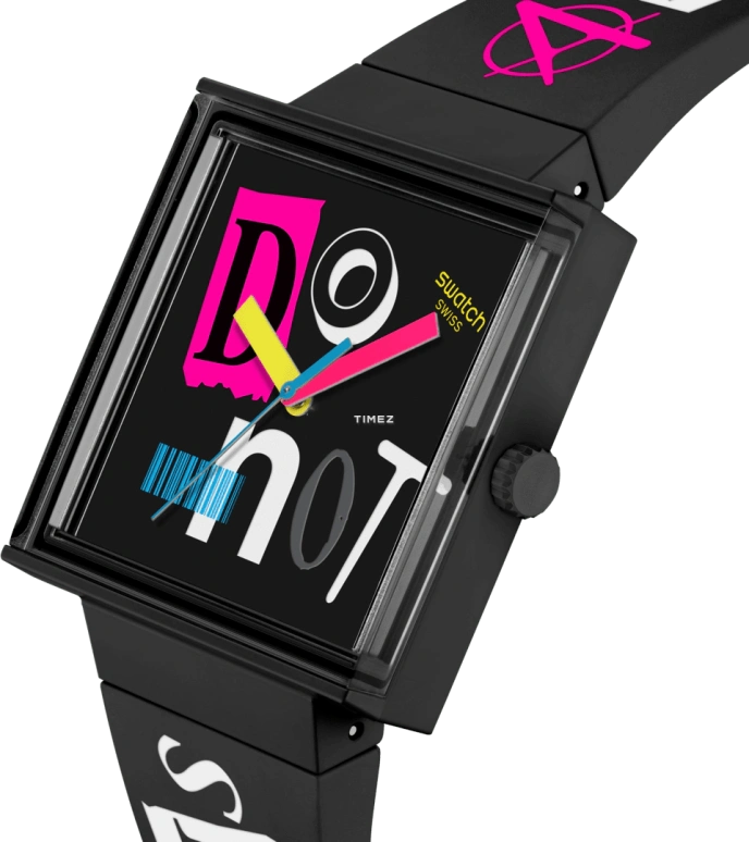Swatch,NO RULES 41.80mm,41.80mm,Bioceramic,Multi-Color,Black,Quartz,Bio-sourced,Glass,Square,SO34B100