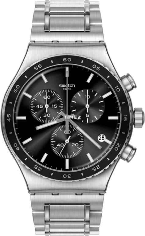 Swatch,Other 43mm,43mm,Stainless Steel,Black,Quartz,Chronograph,Day,YVS495G