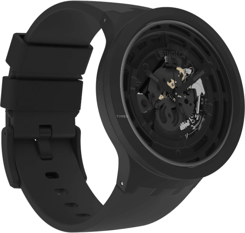 Swatch,Other 47mm,47mm,Bioceramic,Black,Skeleton,Quartz,Sapphire,Crystal Glass,Round,SB03B100