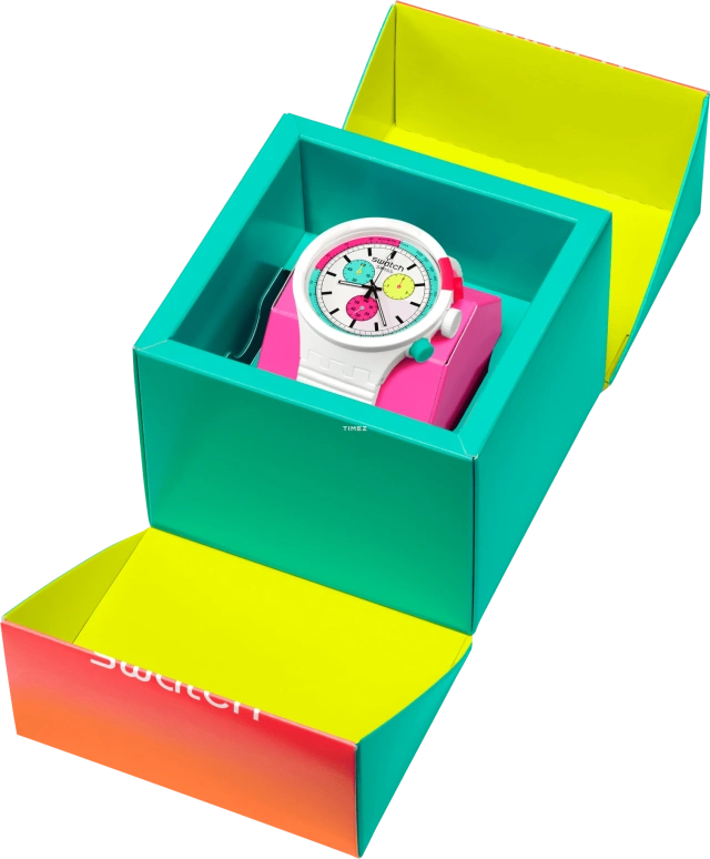 Swatch,NEON 47mm,47mm,Bio-sourced,White,Quartz,Chronograph,Round,SB06W100
