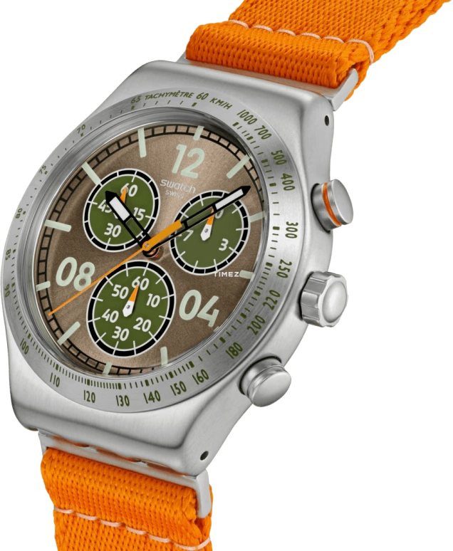 Swatch,IRONY 43mm,43mm,Stainless Steel,Brown,Green,Quartz,Chronograph,Round,YVS101