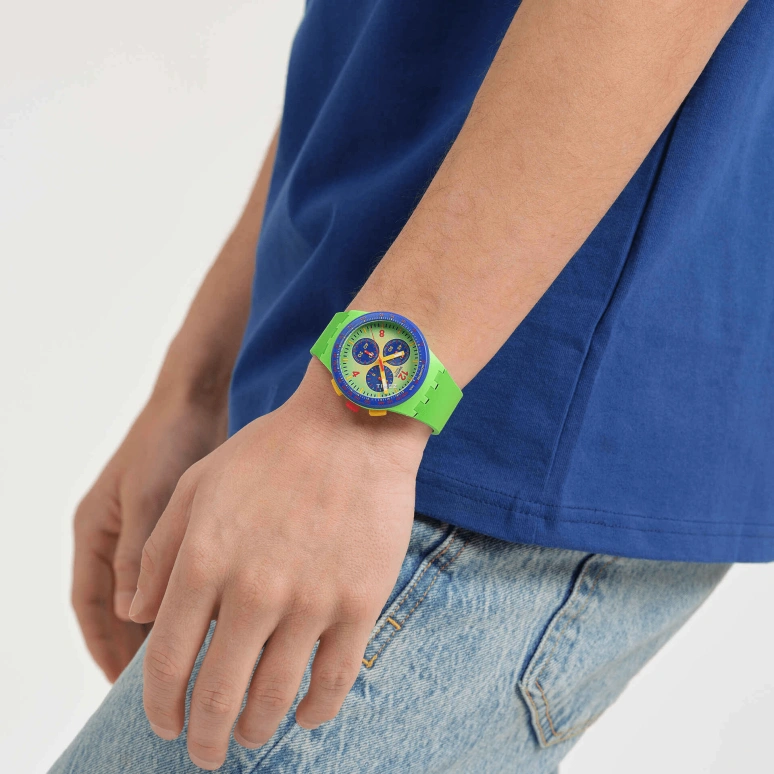 Swatch,Originals 42mm,42mm,Plastic,Blue,Green,Quartz,Chronograph,Round,SUSG101