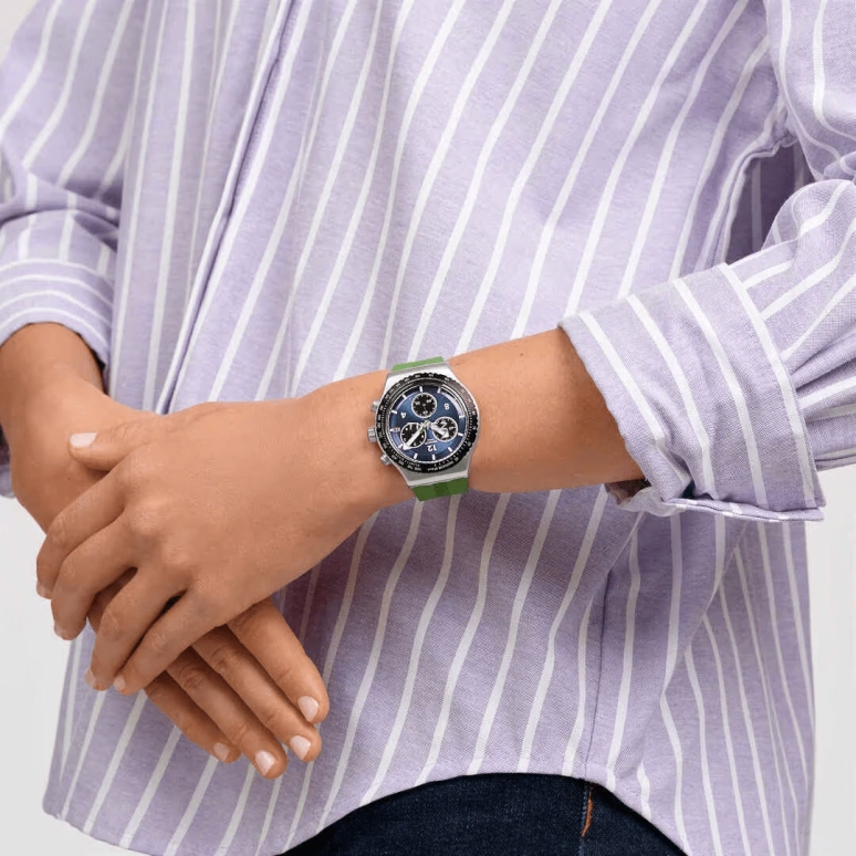 Swatch,IRONY 43mm,43mm,Stainless Steel,Blue,Black,Quartz,Chronograph,Day,YVS531