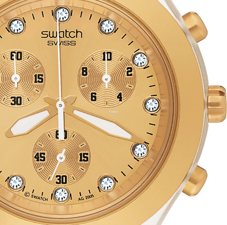 Swatch,CLASSIC 42mm,42mm,Plastic,Gold,Quartz,Chronograph,Day,SVCK4032G