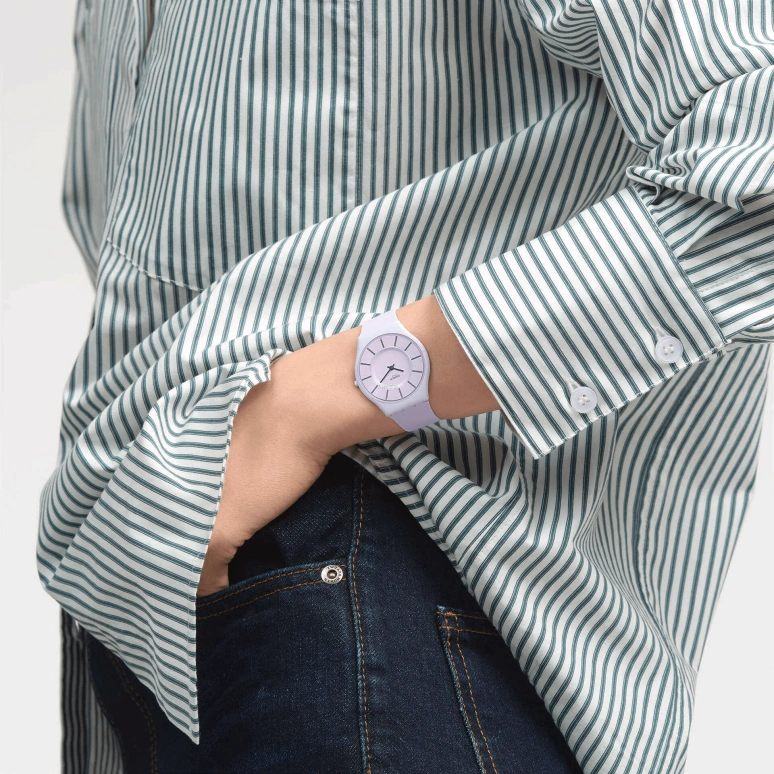 Swatch,Other 34mm,34mm,Bio-sourced,Purple,Quartz,Sapphire,Crystal Glass,Round,SS08V107