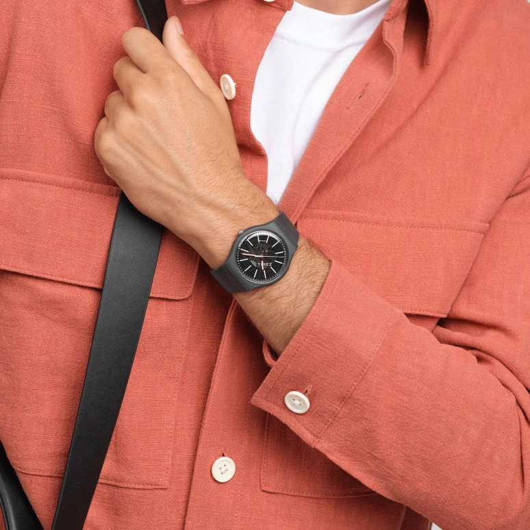 Swatch,Originals 41mm,41mm,Bio-sourced,Black,Quartz,Sapphire,Tonneau,SO29A101