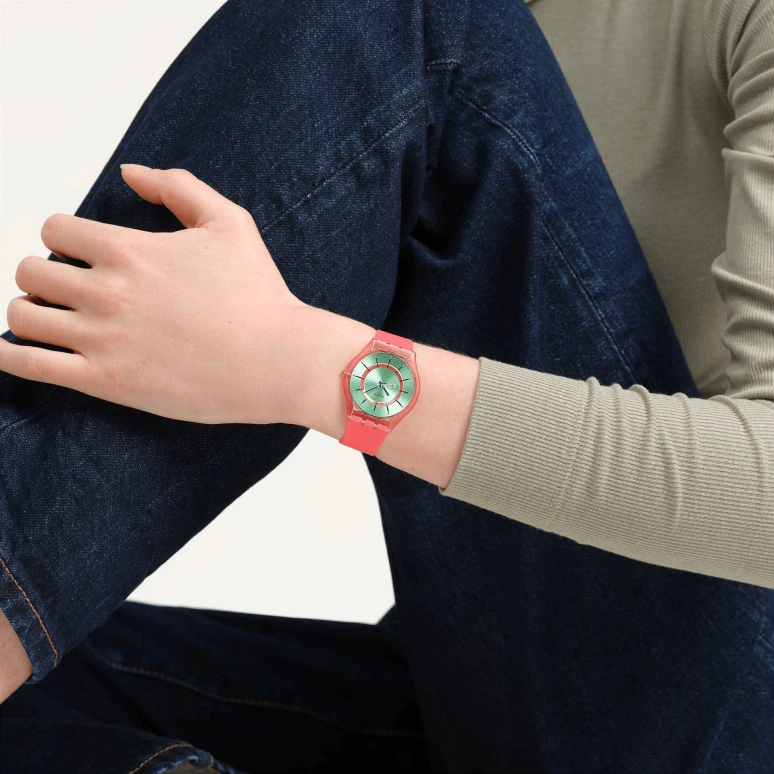 Swatch,SKIN 34mm,34mm,Bio-sourced,Green,Quartz,Round,Pink,SS08P111