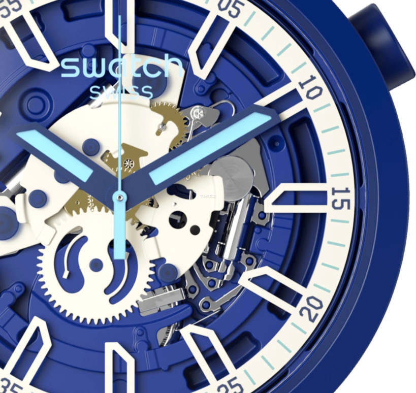 Swatch,Other 47mm,47mm,Plastic,Blue,Skeleton,Quartz,Sapphire,Crystal Glass,Round,SB01N102