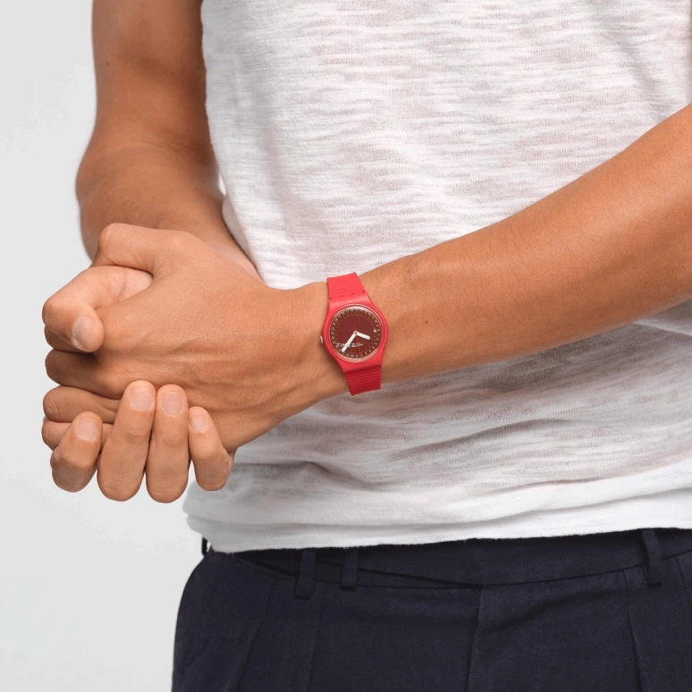 Swatch,Other 34mm,34mm,Bio-sourced,Red,Quartz,Day,Sapphire,Crystal Glass,SO28R400