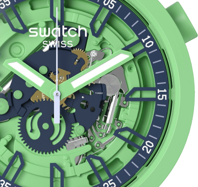 Swatch,Other 47mm,47mm,Plastic,Green,Skeleton,Quartz,Sapphire,Crystal Glass,Round,SB01G101